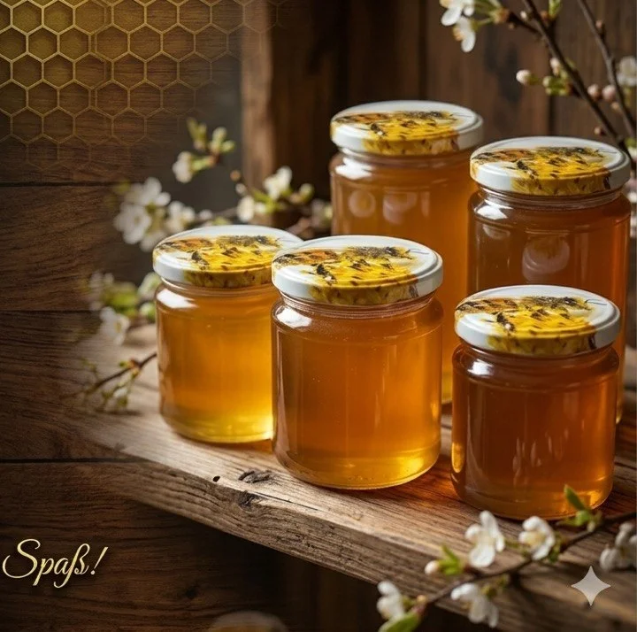 Gläser mit goldenem Sommerhonig auf einem Holzregal